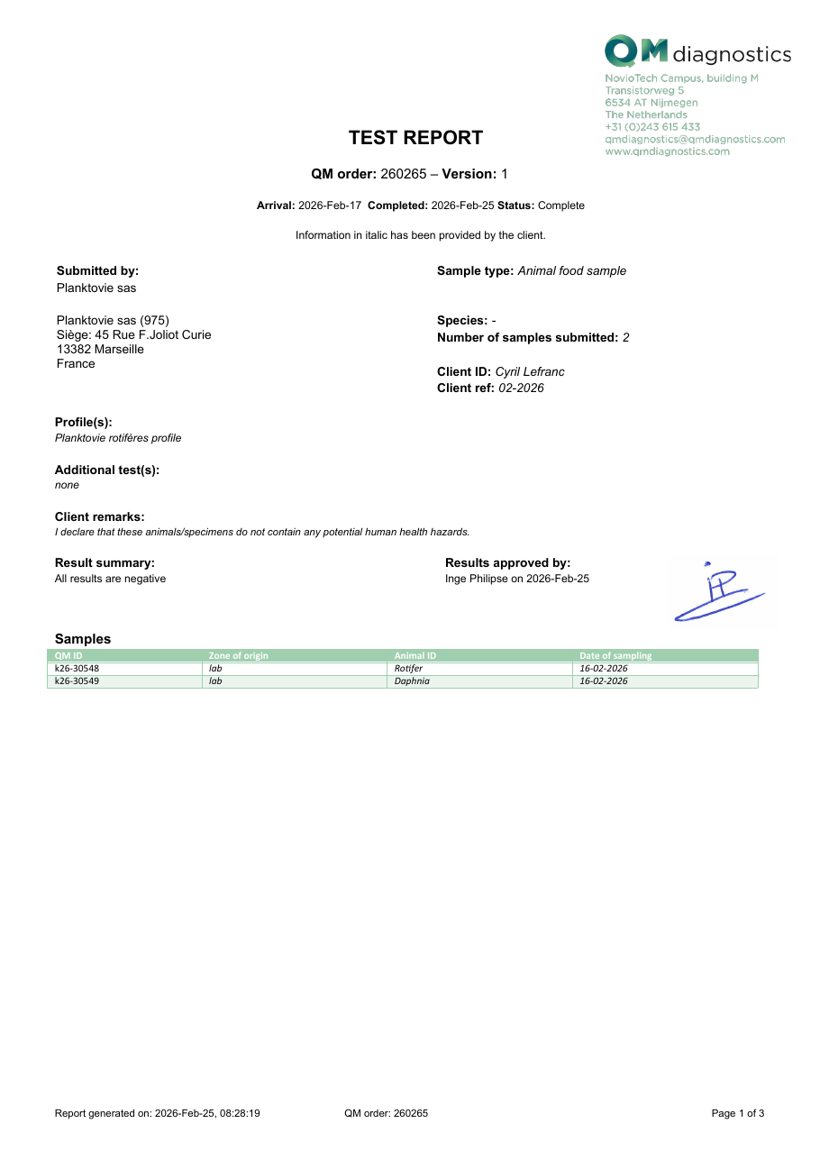 Latest QM Diagnostics sanitary certificate